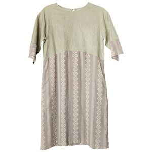 Hidden Alley 100% Linen Dress Beige Boho Pockets Small Half Sleeves Lined